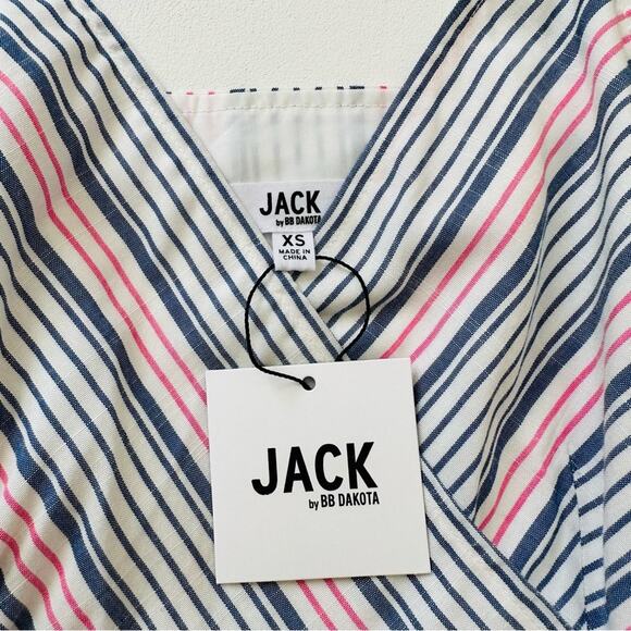 Jack by BB Dakota Romper Blue Red Ivory Striped Faux Wrap Skirted Romper Size XS - Picture 2 of 12